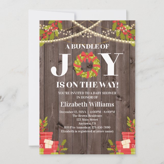Invitation Ensemble De Joy Wreath Baby shower De Noël En Bois (Devant)
