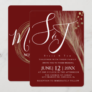 Invitation Ensemble de mariage Pampas et feuille d'or Burgund