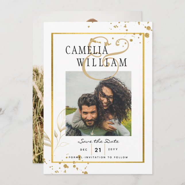 INVITATION ENSEMBLE DE MARIAGE PHOTO BLANC OR CLASSIQUE MODER (Devant / Derrière)