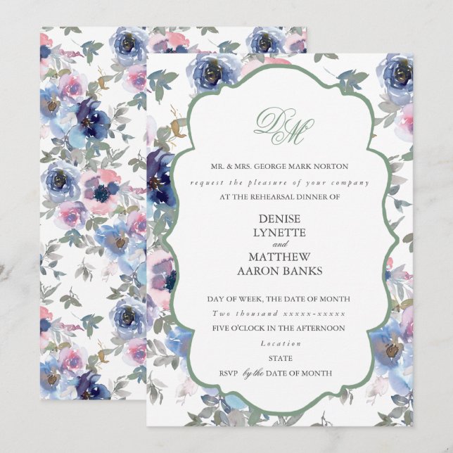 Invitation Ensemble de mariage tendre Basil Green (Devant / Derrière)