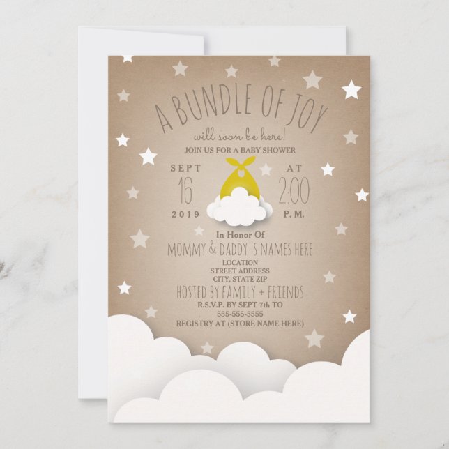 Invitation Ensemble de nuages de joie + Baby shower des étoil (Devant)