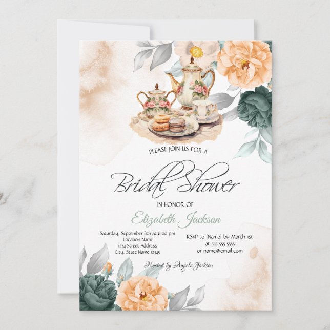 Invitation Ensemble de thé Roses Vertes Baby Shower (Devant)