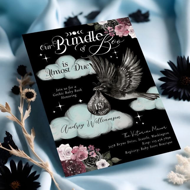 Invitation Ensemble gothique du Baby shower de livraison Boo  (Gothic Bundle of Boo Raven Delivery Baby Shower Invitation (Front))