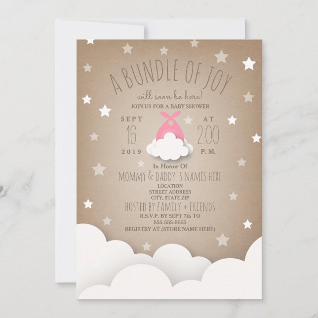 Invitation Ensemble rose de nuages de joie + Baby shower des  (Devant)