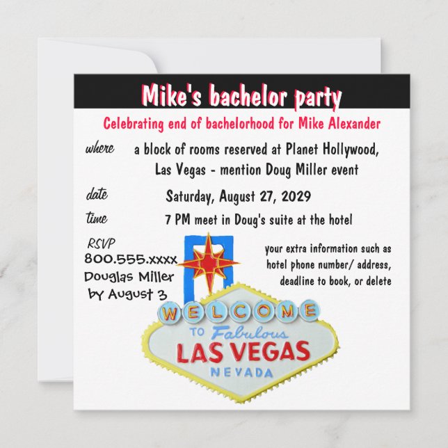 Invitation Enterrement de vie de garçon à Las Vegas (Devant)
