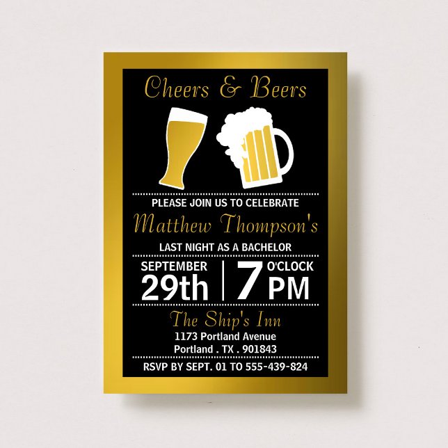 Invitation Enterrement de vie de garçon Black & Gold Cheers & (Créateur téléchargé)