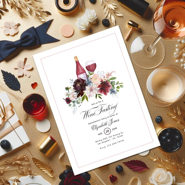 Invitation Enterrement de vie de jeune fille Burgundy Bohème  (Boho Burgundy Blush Dusty Blue Wine Bachelorette Invitation)