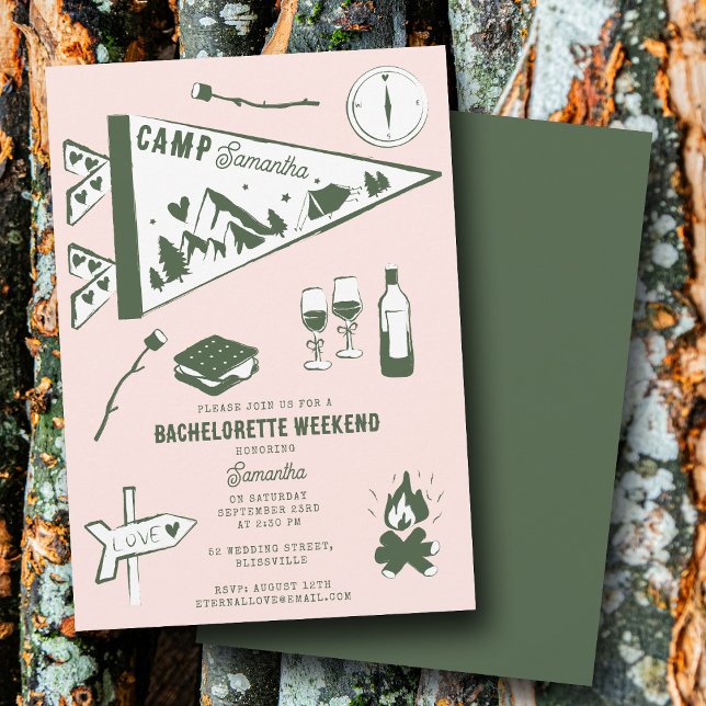 Invitation Enterrement de vie de jeune fille Camping Bach Wee (Camp Bachelorette Party Camping Bach Weekend Pink Invitation)