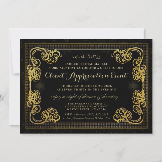 Invitation Entreprise Événement Gold & Black Fancy Bordure (Devant)