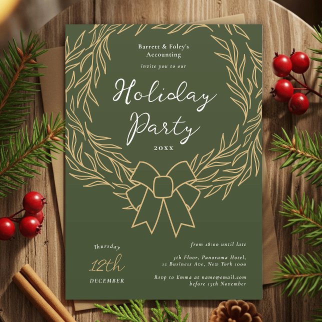 Invitation Entreprise Fête Vert & Gold Wreath Business (Modern minimal greenery wreath Business Holiday Party Invitation in green and gold)