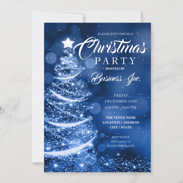 Invitation ENTREPRISE Noël Arbre Étincelle Bleu Fête (Devant)