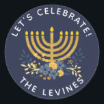 Invitation Envelope Seal Menorah | Hanuakkah<br><div class="desc">This party invitation envelope seal features modern block typography,  a fun floral bouquet and watercolor menorah. Personalize the text and/or background colour. To customize the navy blue background colour,  choose customize tool and select any of your choosing.</div>