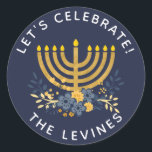 Invitation Envelope Seal Menorah | Hanuakkah<br><div class="desc">This party invitation envelope seal features modern block typography, a fun floral bouquet and watercolor menorah. Personalize the text and/or background colour. To customize the navy blue background colour, choose customize tool and select any of your choosing.</div>