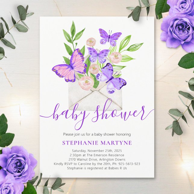 Invitation Enveloppe florale violette de papillon de baby sho (Créateur téléchargé)