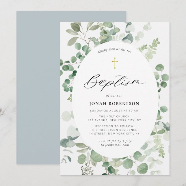 Invitation Envie de baptême pour bébé cadre d'eucalyptus Invi (Devant / Derrière)