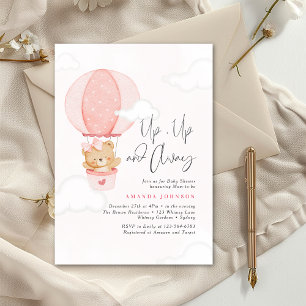 Invitation Envol vers le haut Ourson Rose Baby Shower Montgol
