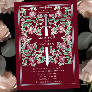 Invitation Épée argentée rouge Florale Mariage Médiéval Fanta