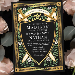 Invitation Épée Bouclier Monogramme Floral Noir Fantaisie Mar