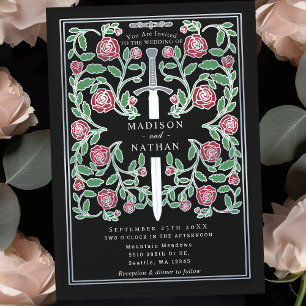 Invitation Épée Florale Argent Noir Mariage Médiéval Fantasti
