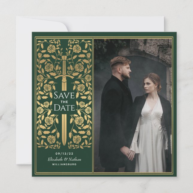Invitation Épée médiévale verte Sauvez la date Photo (Devant)