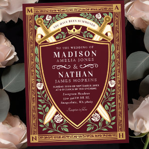 Invitation Épées Florales Rouges Fantaisie Bouclier Monogramm