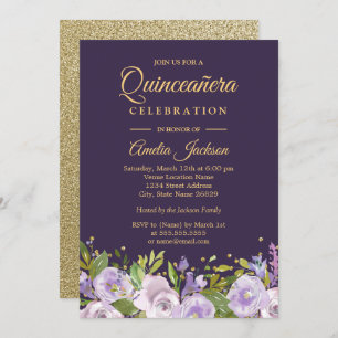 Invitation Éperche Florale or violet Quinceanera