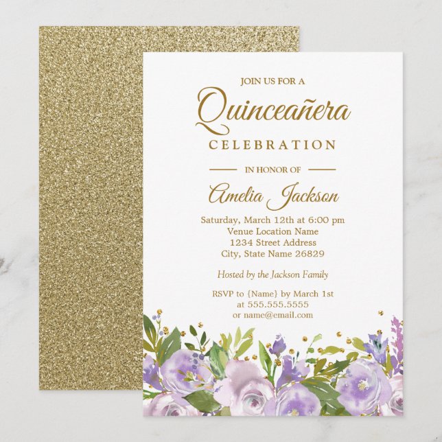 Invitation Éperche Florale violet or Quinceanera (Devant / Derrière)