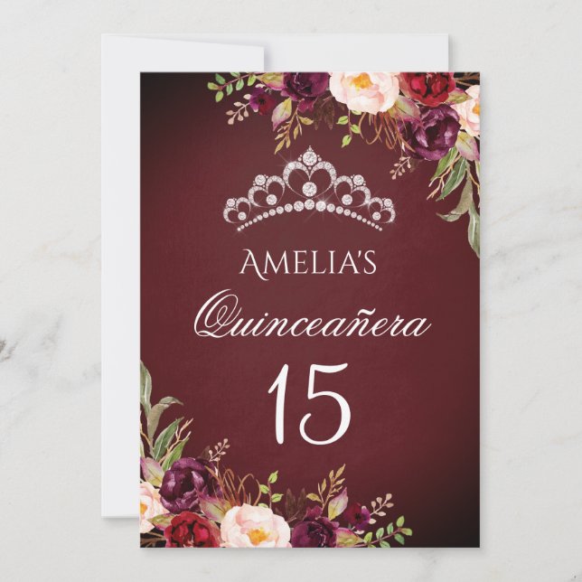 Invitation Éperche Tiara Silver Bourgogne Floral Quinceanera (Devant)