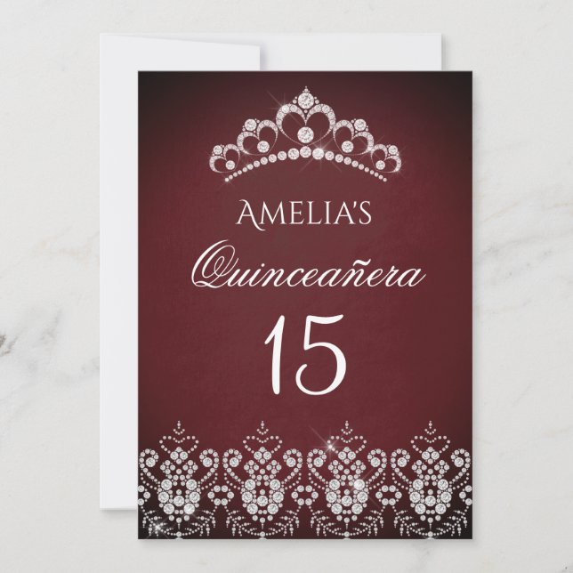 Invitation Éperche Tiara Silver Bourgogne Quinceanera (Devant)