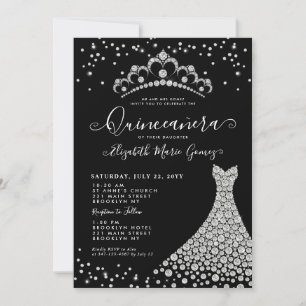 Invitation Épersion d'argent en diamant noir Tiara Quinceaner