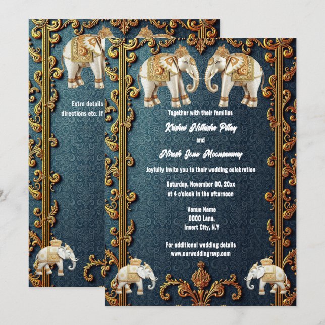 Invitation Ephants bleus indiens Hindi luxueux cachemire (Devant / Derrière)
