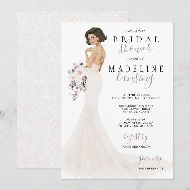 Invitation Épouse de la dentelle en Fête de l'mariée (Devant / Derrière)
