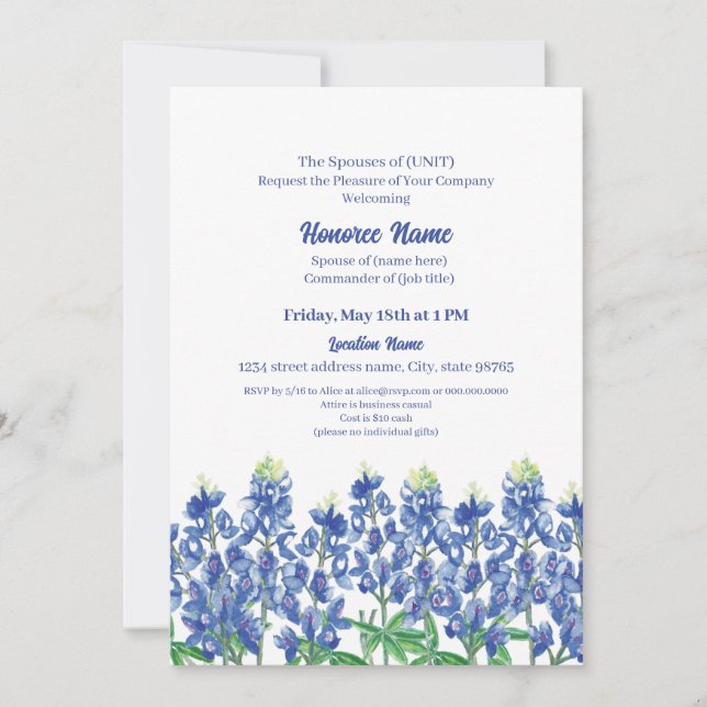 Invitation Épouse militaire Bienvenue Texas Bluebonnet Digita (Devant)