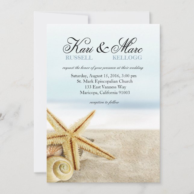 Invitation Épouser de coquillages d'étoiles de mer de plage (Devant)
