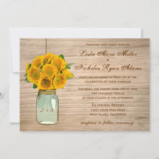 Invitation Épouser rustique de tournesols de pot de maçon de (Devant)