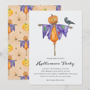 Invitation Épouvantail d'Halloween avec fête de citrouille