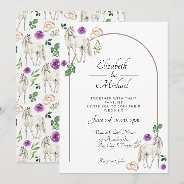 Invitation Equestrian Purple Floral Rustic Wedding (Devant / Derrière)