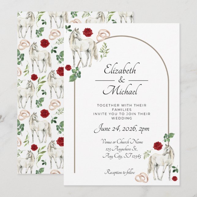 Invitation Equestrian Red Floral Rustic Wedding (Devant / Derrière)