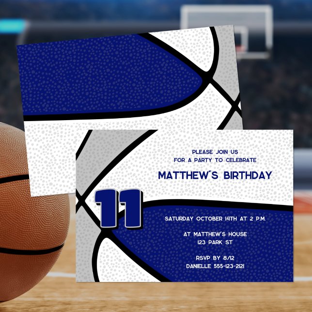 Invitation équipe bleue gris couleurs basket anniversaire (front & back views)