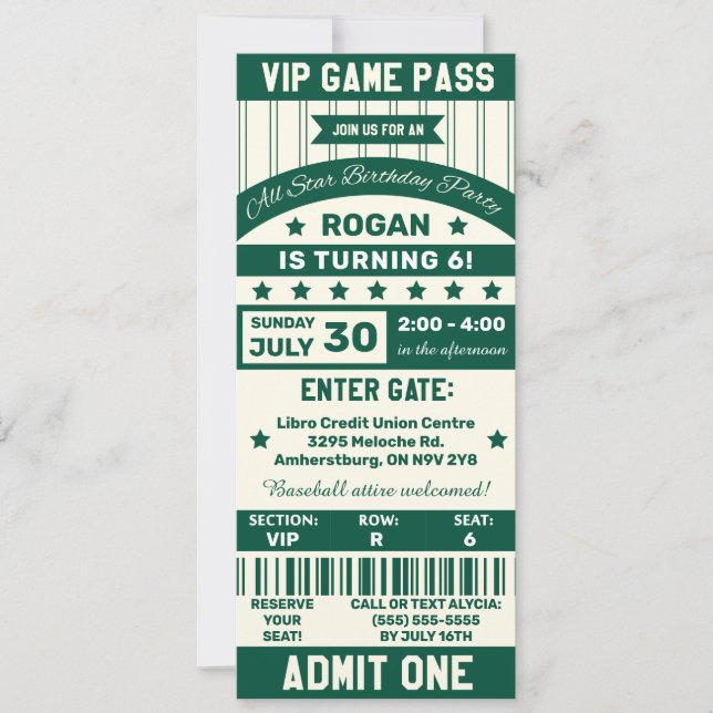 Invitation Équipe de sports Green et White Billets Anniversai (Devant)