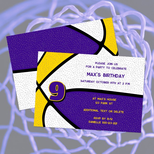 Invitation équipe d'or violet couleurs basket-ball anniversai (Créateur téléchargé)