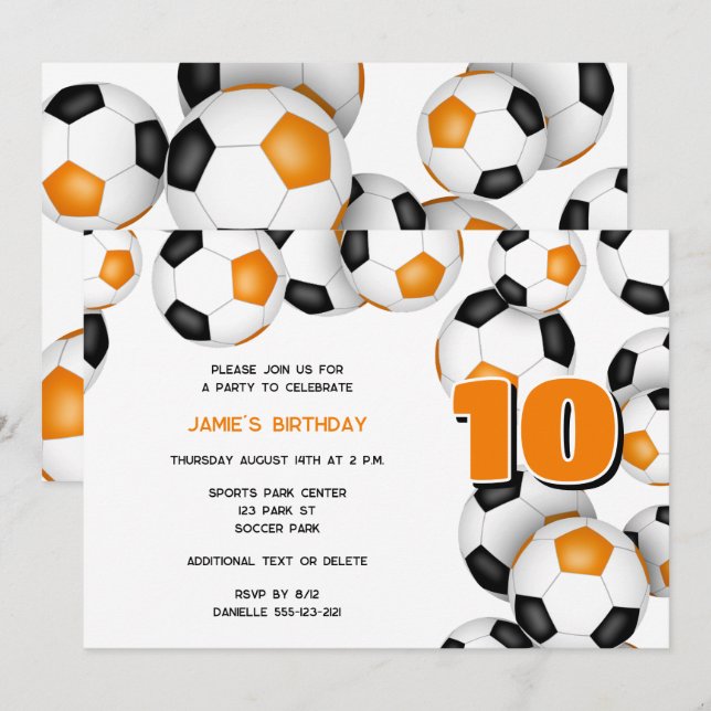 Invitation équipe noire orange couleurs football bals fête sp (Devant / Derrière)