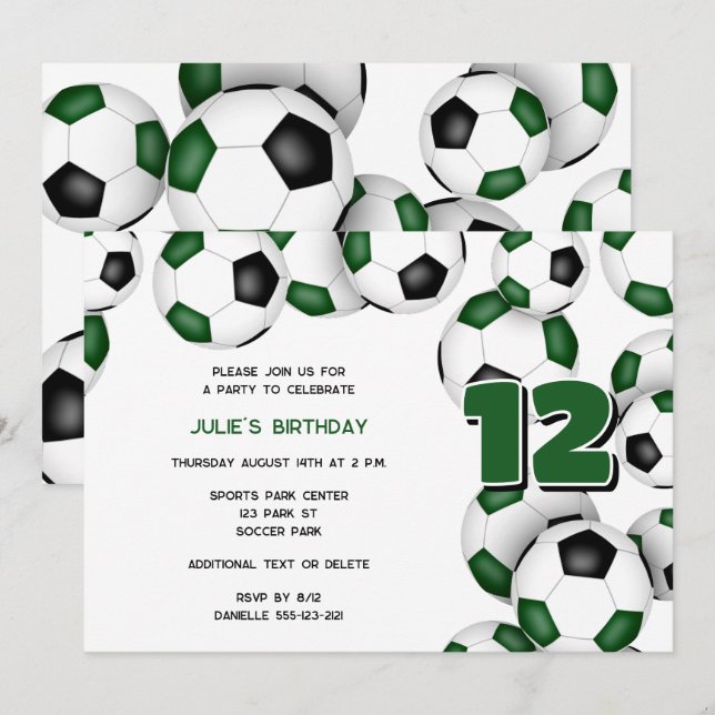 Invitation équipe noire verte couleurs soccer balls sport (Devant / Derrière)