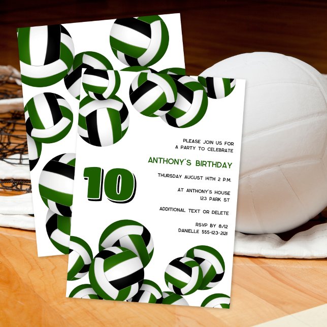 Invitation équipe noire verte couleurs volleyballs anniversai (front & back views)