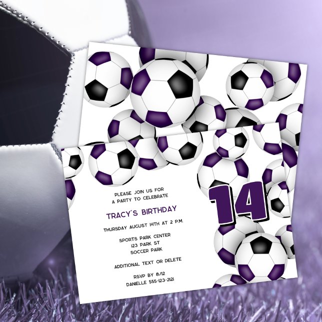 Invitation équipe noire violette couleurs soccer balls sport (Créateur téléchargé)