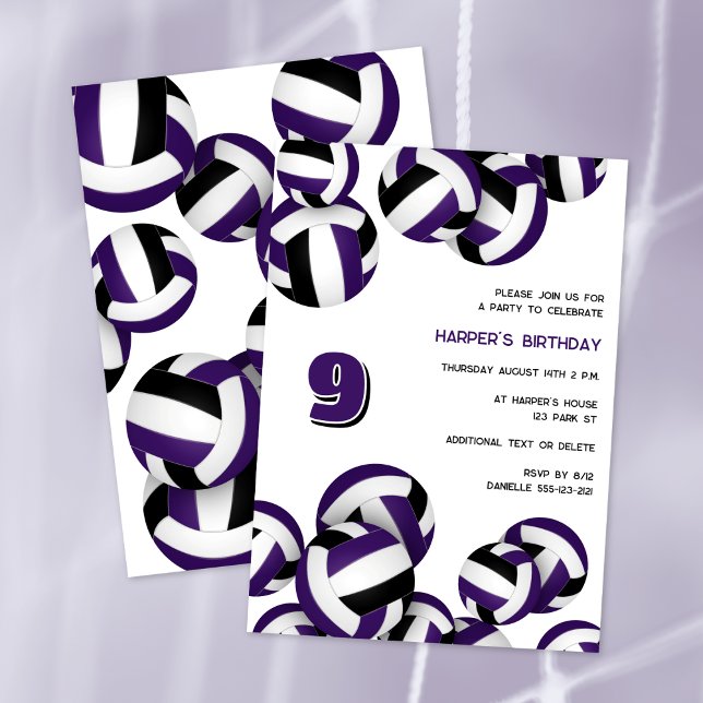 Invitation équipe noire violette couleurs volley-ball anniver (front & back views)