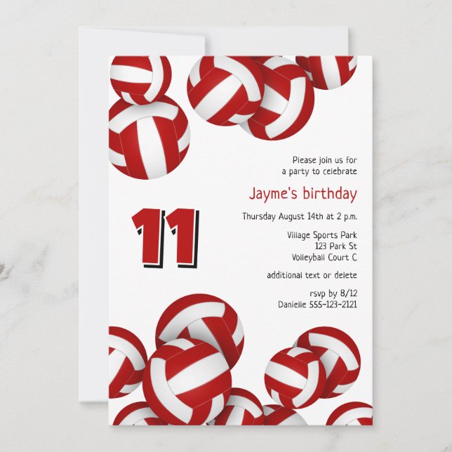 Invitation équipe rouge couleurs volleyballs anniversaire de  (Devant)