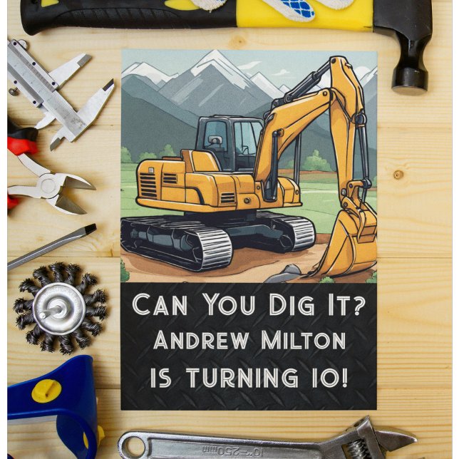 Invitation Équipement de construction d'excavateur mûre (Excavator themed birthday party invitation)