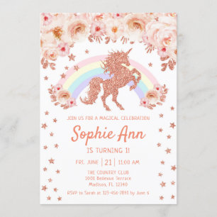 Invitation Ęr anniversaire de licorne - rose rose d'or