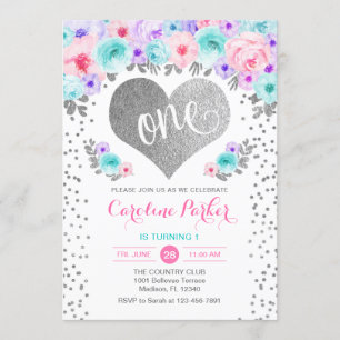 Invitation ęr anniversaire - rose pourpre turquoise de coeur